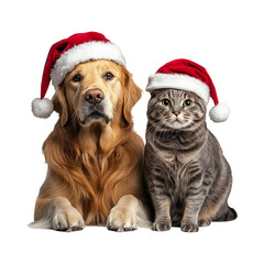 Cheerful Dog and Cat in Santa Hats on Transparent Background