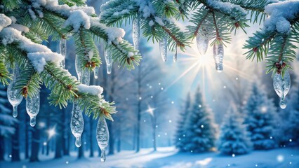 Frozen Fir Branch with Snowflakes and Icicles , Winter Wonderland