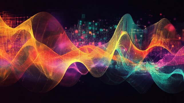 An artistic representation of AI-powered creativity, blending abstract graphics, audio spectrograms, and glowing geometric shapes.