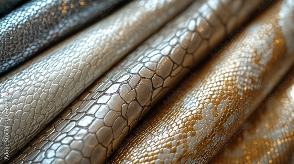 Poster Shimmering snakeskin print lies elegantly, blending muted metallic hues. The intricate patterns and textures catch the light, creating a captivating visual spectacle of nature-inspired design