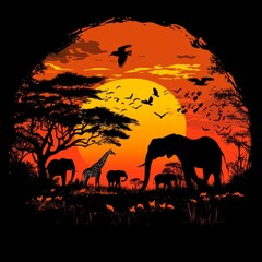 Naklejka premium African savanna sunset with elephants, giraffes, birds, and acacia trees.