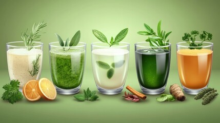 Fototapeta premium Ayurvedic detox drinks and herbs in green and gold theme