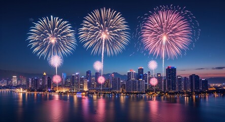 Sparkling fireworks display over city skyline at dusk