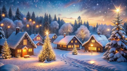 Fototapeta premium Cozy winter village scene with snow-covered houses and trees, festive lights, and a calm atmosphere, amidst the cold weather and falling snowflakes , festive ambiance, frosty landscape