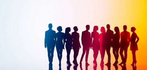 Silhouettes of diverse individuals standing in a line against a gradient background, representing unity and collaboration.