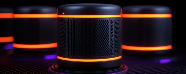 Close-up of modern speakers with glowing accents, showcasing sleek design and innovation.