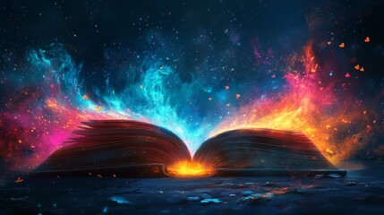 A magical illustration of a book releasing colorful wonders, symbolizing creativity and imagination. Ideal for storytelling and fantasy-themed projects.