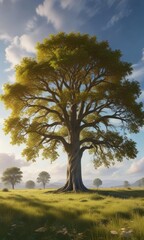 Obraz premium A majestic sycamore tree is the centerpiece of a serene and peaceful field with an open sky above it, rural scene, tree in field, nature photography