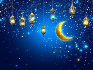 Golden Lanterns Hanging Against A Night Sky With Crescent Moon And Stars