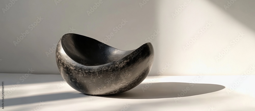 Poster a single textured, dark, crescent shaped object with subtle shadows and light on a white background