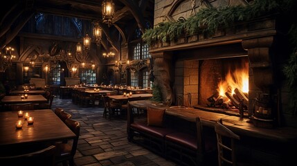 A photo of a pub-style restaurant with a cozy fireplace