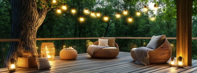 A cozy forest terrace with wooden deck flooring, hanging fairy lights, soft wool blankets, comfortable rattan chairs, and lush green surroundings under
