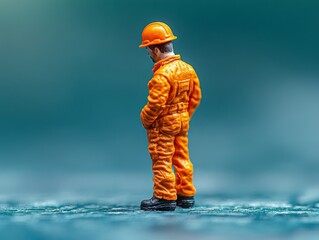 A miniature construction worker in an orange jumpsuit and helmet, standing thoughtfully.