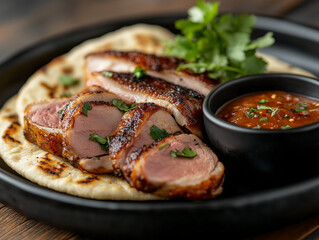 Succulent roasted duck, perfectly sliced and served with flatbread, flavorful sauces, and artistic garnishes for a gourmet presentation.