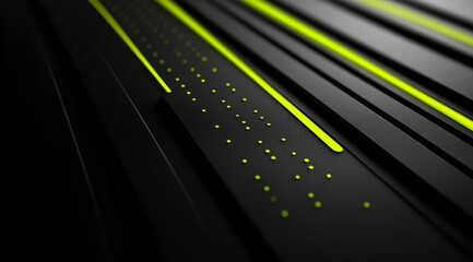 Abstract black and lime green geometric pattern with glowing lines and dots.