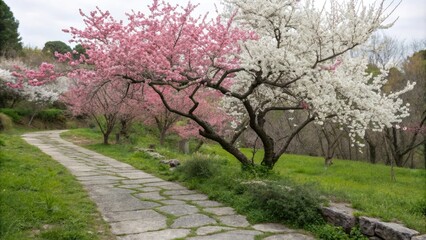 A pink and white plum blossom tree in full bloom standing near a stone path surrounded by lush green grass, garden scene, spring blooms