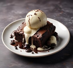 A plate of decadent dark chocolate brownies topped with a scoop of creamy white ice cream , decadent, food, rich