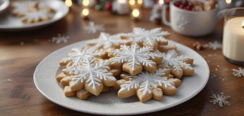 Fototapeta premium A plate of glittering snowflake-shaped cookies on a festive holiday table, glittery snowflakes, festive dessert