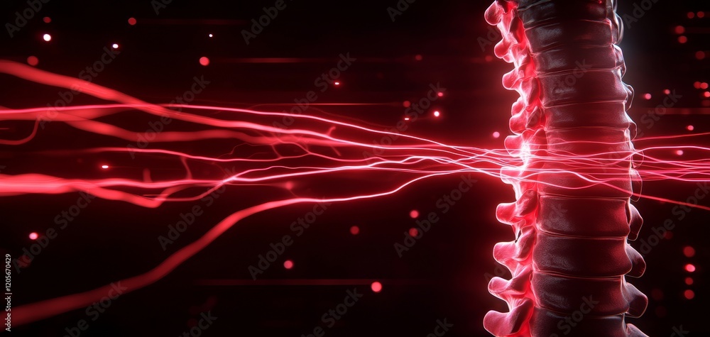 Poster a visualization of dynamic red energy flowing through a central spine-like structure, set against a 