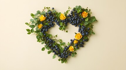 Heart-shaped floral arrangement featuring yellow roses and blue berries against a light background