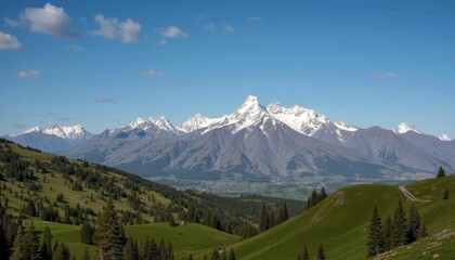 Fototapeta premium Majestic Mountain Range with Green Valley Landscape