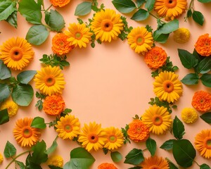 Fototapeta premium Floral arrangement with yellow and orange flowers on a peach background