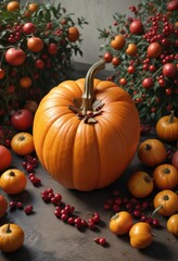 A pumpkin surrounded by pomegranates and persimmons, harvest theme, natural elements