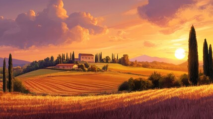 Fototapeta premium Beautiful Italy nature countryside landscape; farm field and cypress trees over sunset sky