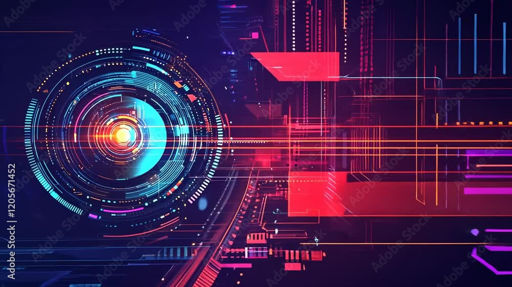 Poster Video with a futuristic and luminescent digital realm with a dynamic interface featuring neon-colored geometric shapes and radiant lines. The central circular element, surrounded by intricate patterns