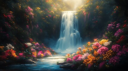 Fototapeta premium Waterfall cascading amidst vibrant flowers, jungle backdrop, serene nature scene, wallpaper
