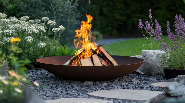 burning firewood in a brazier in the garden, fire flames outdoors