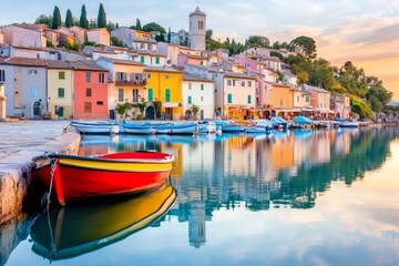 Fototapeta premium A luxury yacht moored in a Mediterranean village, with charming pastel buildings and a bustling marketplace nearby