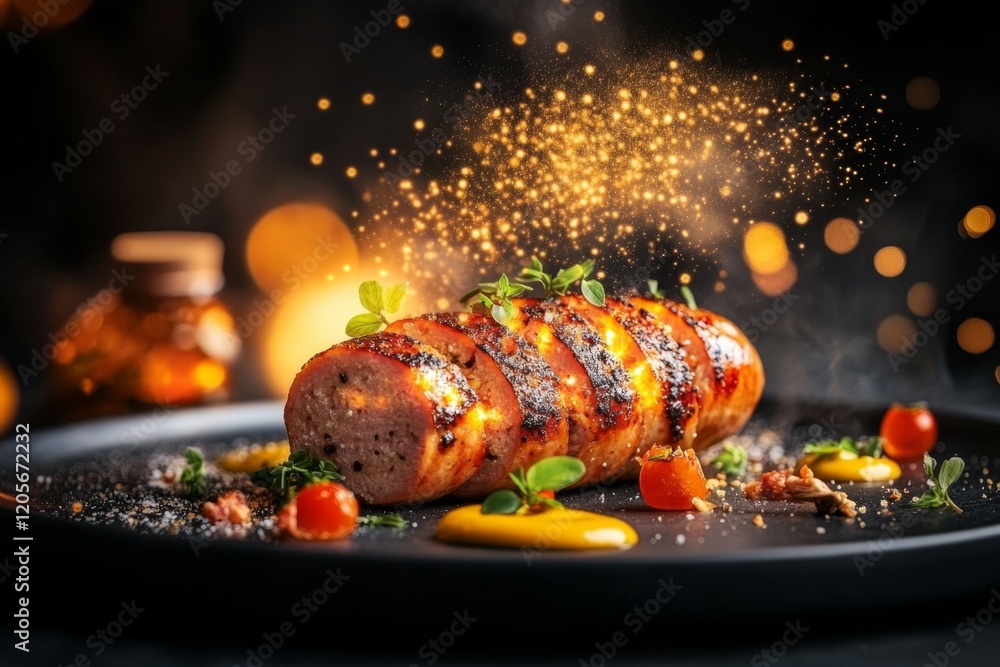 Poster a magical wurst glowing with golden light, placed on a mystical platter surrounded by enchanted garn