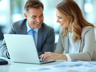 Obraz premium Two enthusiastic executives, a man and a woman, collaborating on a financial project at a meeting in their bright ambience office, working together on a laptop 