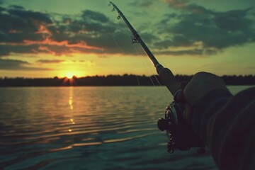 Fishing Rod at Sunset on a Calm Lake