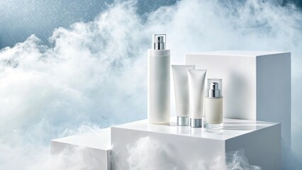 Stylish White Cosmetic Containers Displayed on Platforms with Ethereal Smoke