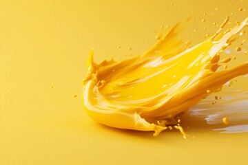 A splash of yellow paint captured in motion against a soft yellow background, creating a dynamic art piece