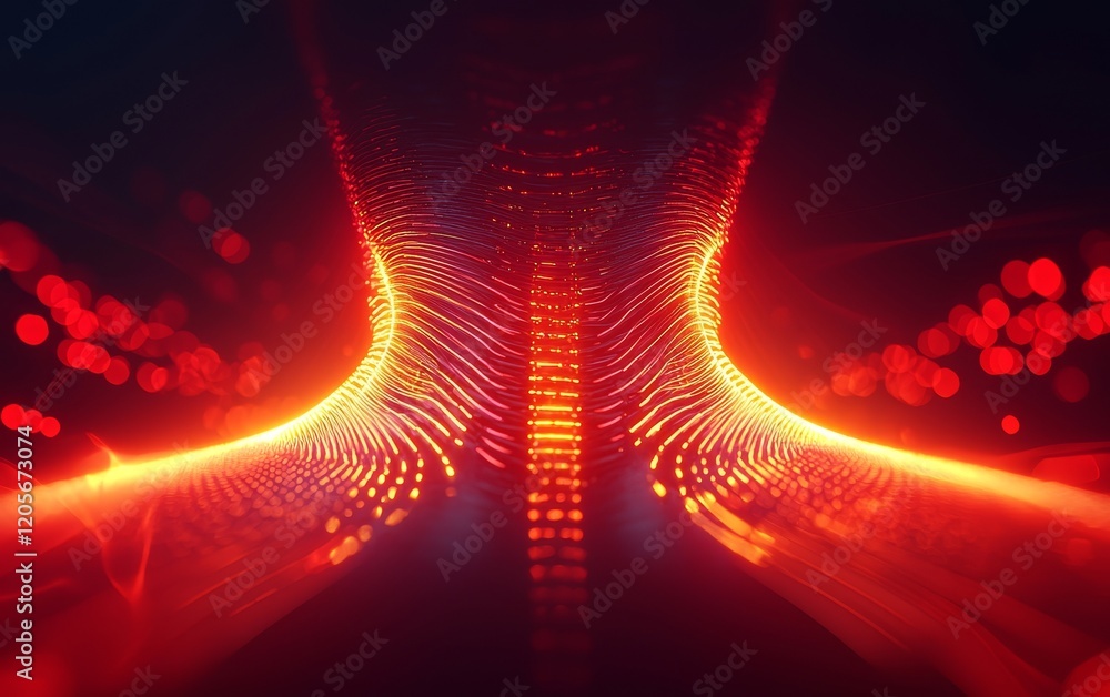 Poster a vibrant, abstract image featuring intertwining red lights and patterns, creating a sense of motion