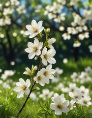 Fototapeta premium Close-up of white cherry blossoms on lush green meadow with blurred bokeh lights, cherry tree, blooming