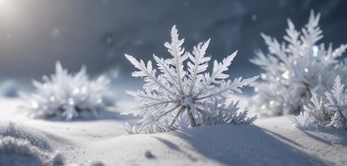 Close-up of white snow crystals in a cold light, cold light, bokeh, white