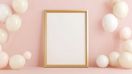 Blank gold frame mockup with pastel balloons on pink background.