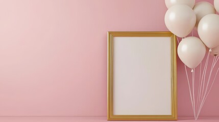 Blank golden frame mockup with white balloons against pink wall.