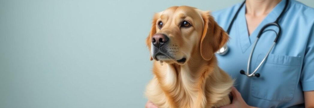 Veterinarian holding golden retriever dog during checkup visit
