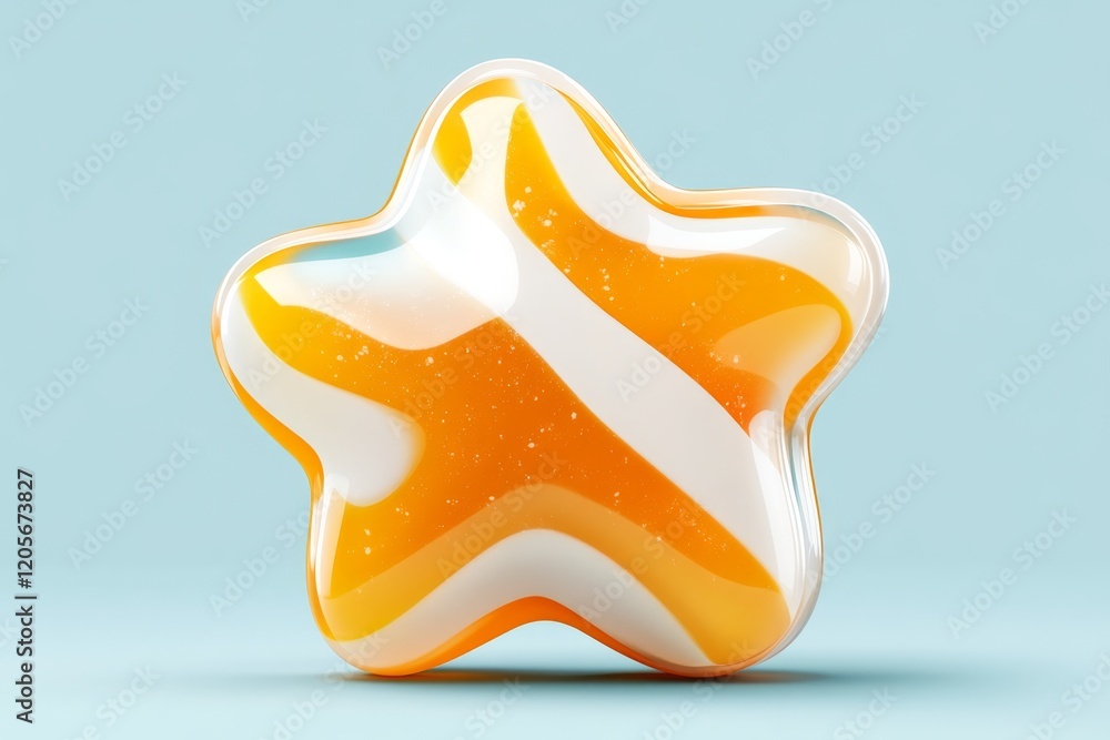 Poster a modern icon of a yellow starburst candy with subtle gradients and rounded edges, set against a neu