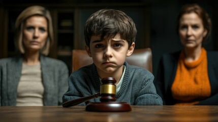 Obraz premium Sad boy sitting at a table in the background of his parents.