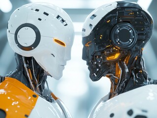 Fototapeta premium Two futuristic robots face each other, showcasing contrasting designs; one sleek and white, the other dark and mechanical, highlighting advanced technology.
