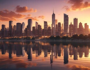 Fototapeta premium Sunset over city skyline with reflection on water, travel, panorama, skyline