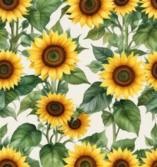 Watercolor seamless pattern with bright yellow sunflowers and green leaves, vibrant, floral, colorful, cheerful
