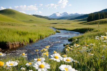 A peaceful Yellowstone meadow with a stream meandering through it, framed by wildflowers and distant mountains