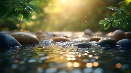 Nature scene depicts serene flowing stream with smooth river rocks, featuring crystal-clear water reflecting sunlight, surrounded by fresh green leaves in misty morning atmosphere.